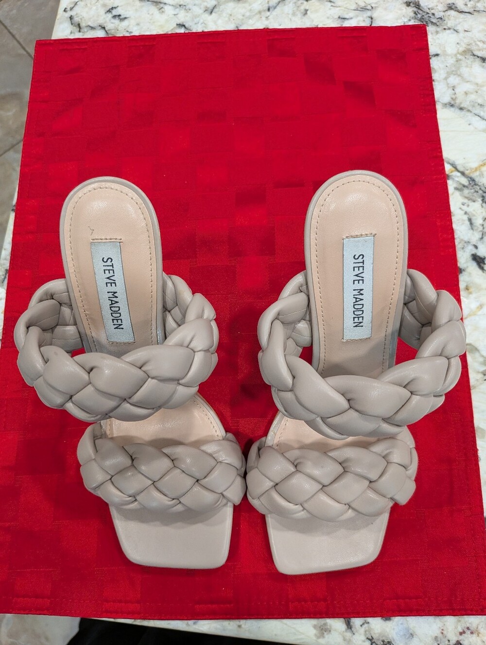 Steve Madden Kenley braided stiletto sandals in taupe color